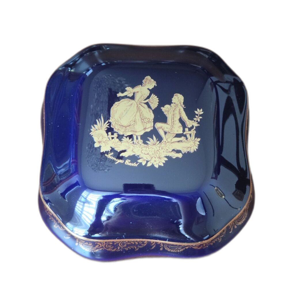 VINTAGE LIMOGES CASTEL ROYAL COBALT BLUE 22K GOLD TRINKET BOX COURTING SQUARE